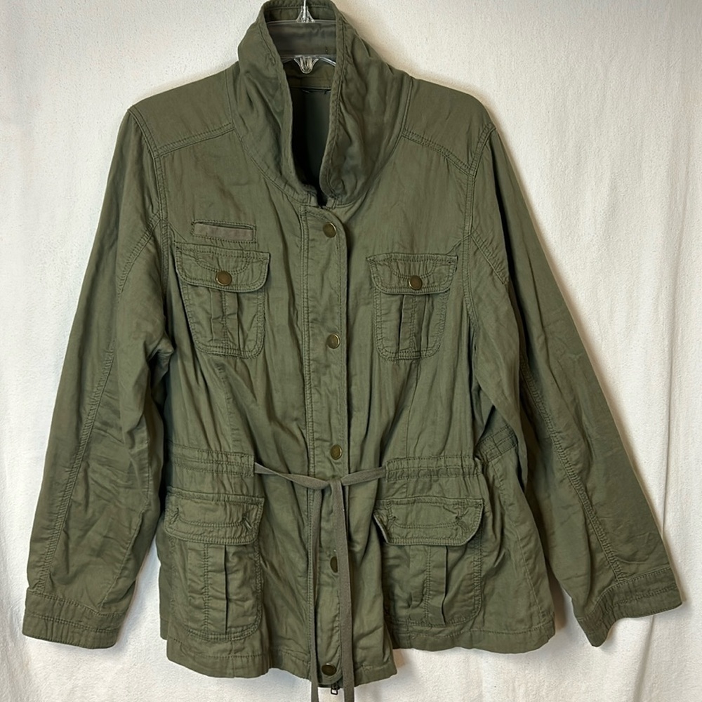 Women’s Jacket Size L Army Green Zip and Snap Front Drawstring Waist